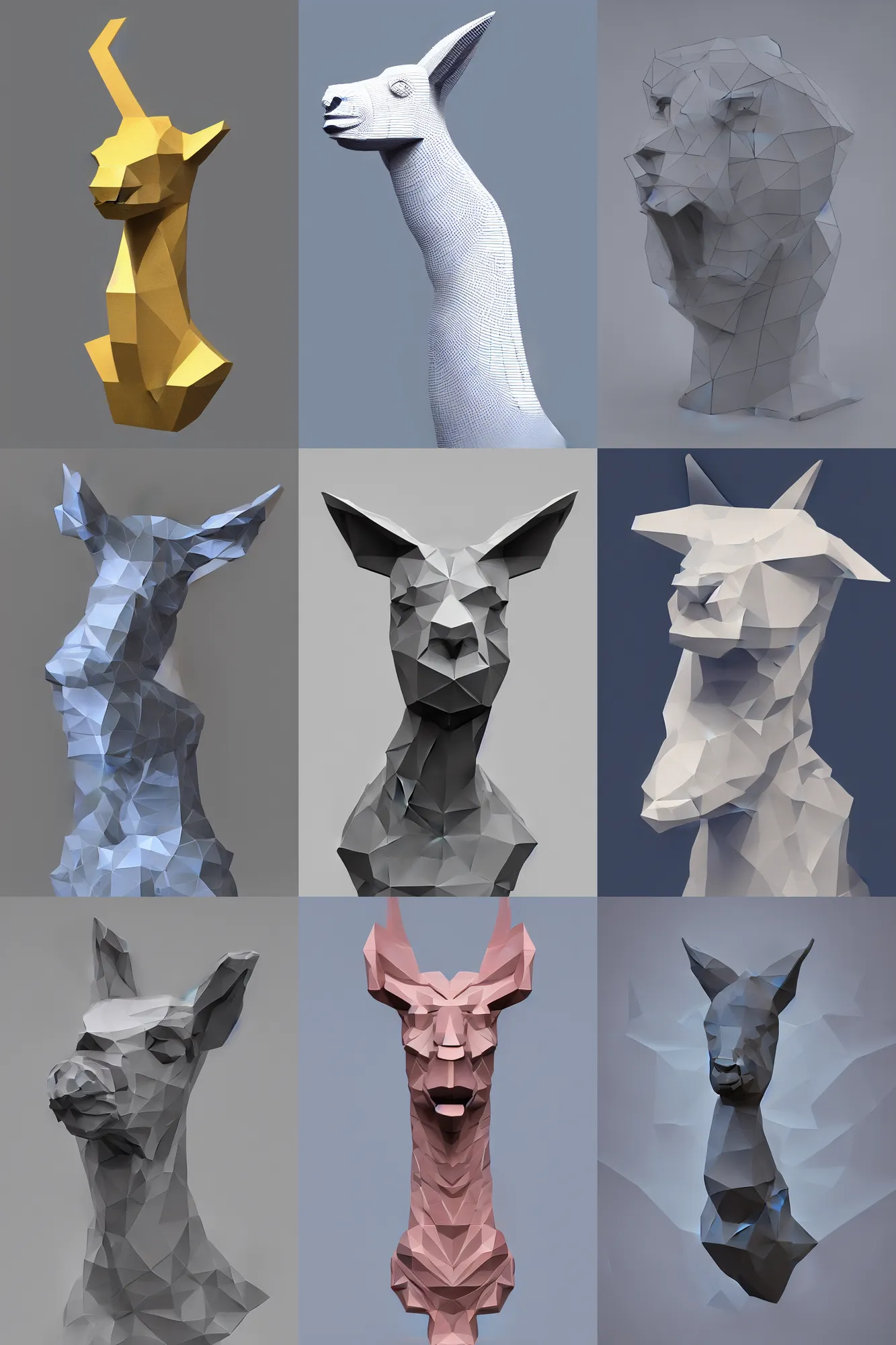 Prompt: vivid 3D animated designscapes with bursts of radiant particles–building an ethereal minimal space sculpture of a lowpoly llama bust, professional concept art, trending on artstation, geometric, lowpoly llama face