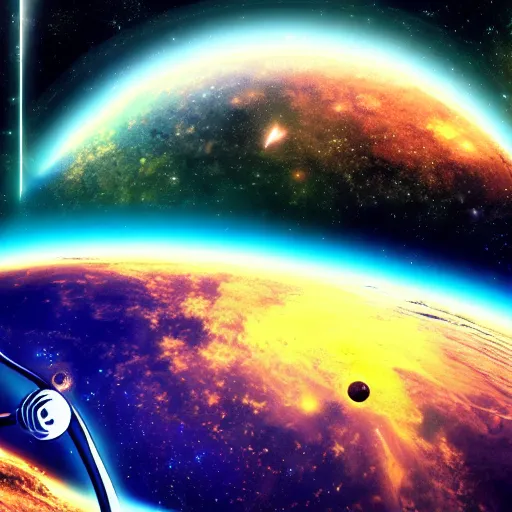 Prompt: anime style hd wallpaper of outer space, stars and a view of a mirrored planet