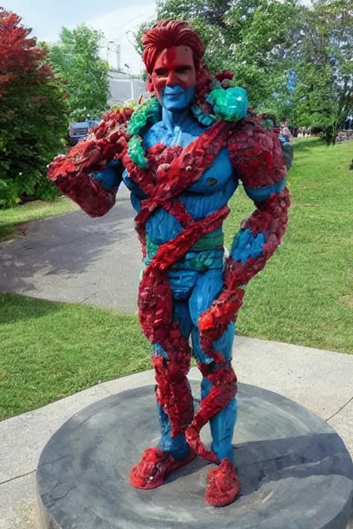 Prompt: a statue of Captain Planet made entirely out of plastic waste