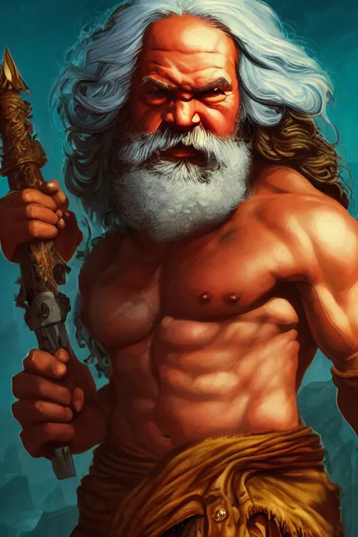 Prompt: character portrait of buff barbarian karl marx with a tattoo of an eye on the forehead, dungeons and dragons cover artwork, dynamic composition, dramatic lighting, trending on artstation, award winning art, stylized painting by sophie anderson, wayne barlowe, richard corben, concept art, 4 k, 8 k, gold and teal color scheme