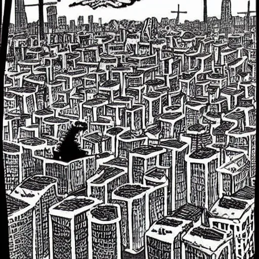 Image similar to A city ruined by nuclear bombings, illustrated by children's author and cartoonist, Dr Seuss.