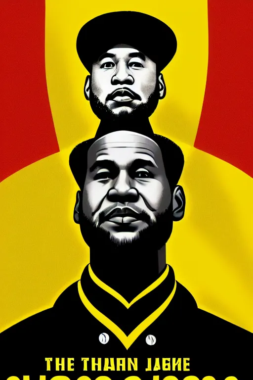 Prompt: the chairman, los angeles laker lebron james portrays mao zedong as the chinese communist revolutionary, 8 0's movie poster, theatrical poster, vibrant fan art, digital art, trending on artstation, minimalist