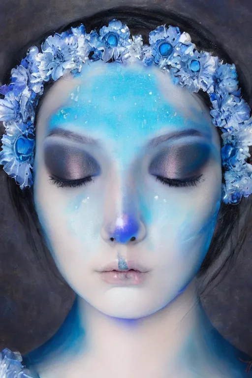 Image similar to beautiful medieval woman's fractured face blended with blue crystallic flowers jacky tsai style, pale skin, make up, acrylic on canvas