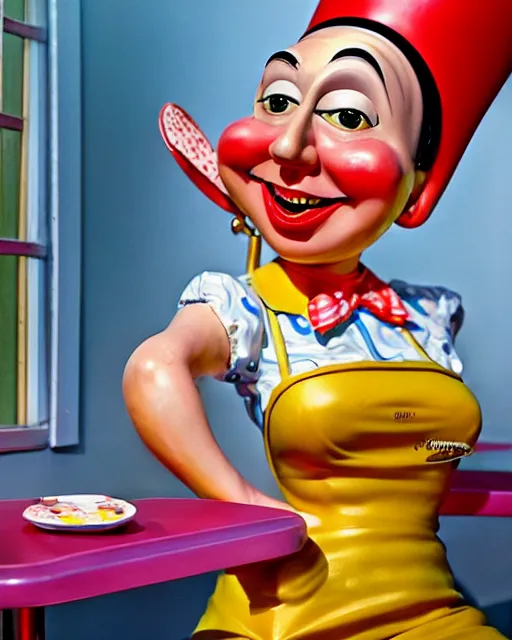 Prompt: closeup profile face profile portrait of a tin toy schlitzie as a waitress in a diner, bikini, hyper realistic, artstation, illustration, concept art by dan decarlo, digital paint, matte paint, vivid colors, bright, cheerful, detailed and intricate environment