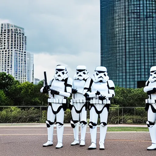 Image similar to stormtroopers in front of the austin skyline