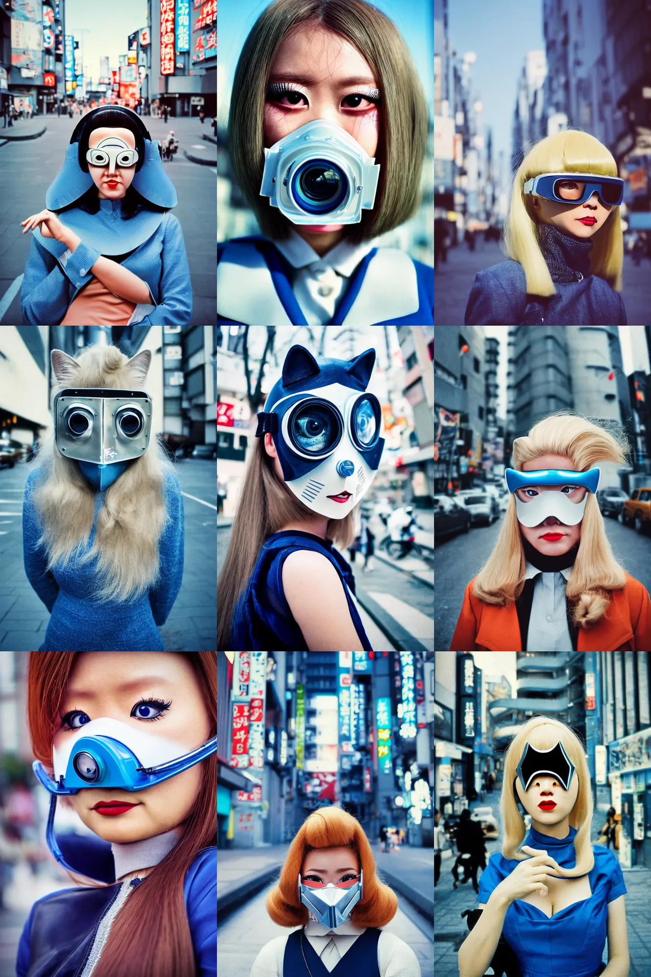 Prompt: Cinestill 50d !film!,8K,highly detailed: beautiful three point perspective extreme closeup portrait photo in style of 1960s frontiers in cosplay retrofuturism tokyo seinen manga street photography fashion edition, tilt shift zaha hadid style tokyo background, highly detailed, focus on cat mask respirator;blonde hair;blue eyes, clear eyes, soft lighting