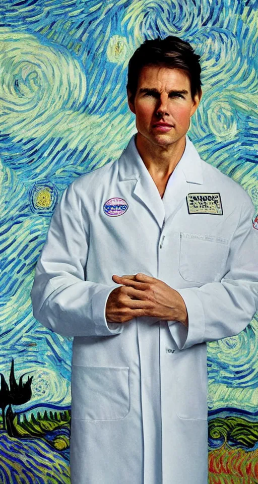 Image similar to Tom Cruise in white lab coat by Van Gogh