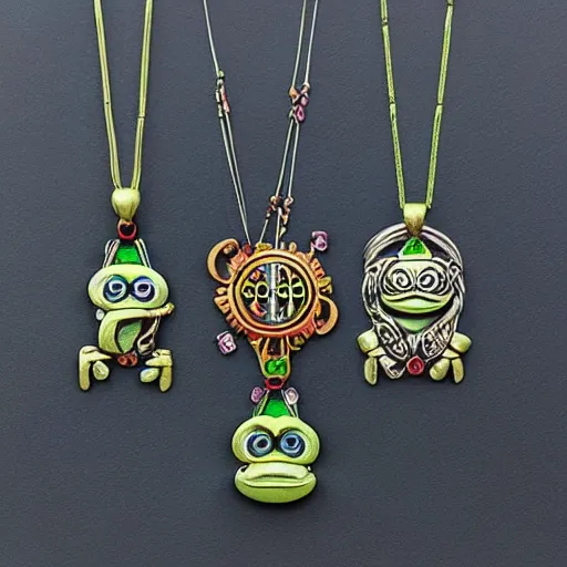 Prompt: pre - columbian pepe the frog jewelry