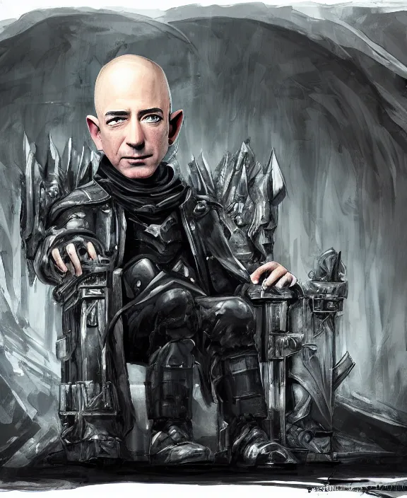 Prompt: a grimdark fantasy concept art portrait of jeff bezos sitting on a dark and evil throne