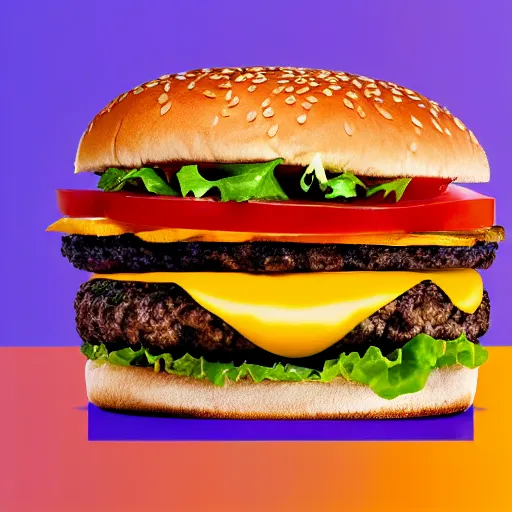 Prompt: a beautiful color - full flying ( ( ( double cheese burger ) ) ) juicy meat, sweaty salad and tomato, neutral background, tv advertisement video shot style, tv, ad, advertisement, tv spot, tv grain, tv colors