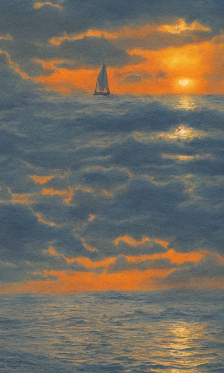 Prompt: sun setting over stormy sea, photo realistic, hyperreal, bough of sailboat in foreground