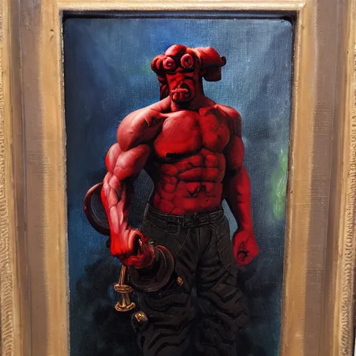 Prompt: hellboy portrait. oil painting. 3 / 4 view. closeup. based on the great masters. baroque.