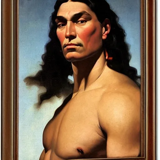 Prompt: portrait of a muscular native american god with the head of a buffalo, by j. c. leyendecker, tamara de lempicka, bouguereau, rockwell