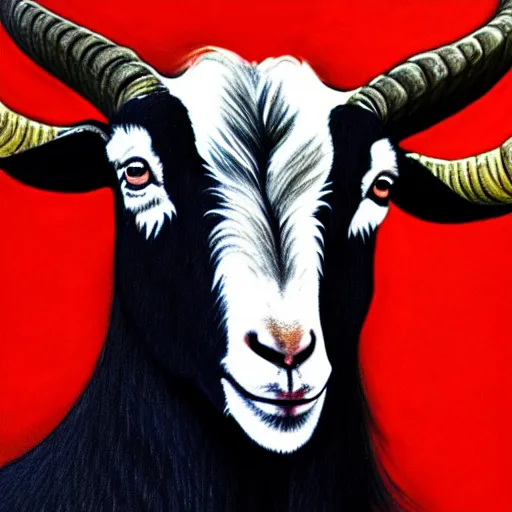 Image similar to detailed portrait of vladimir putin in the form of a goat with detailed big horns, with a pentagram on the background