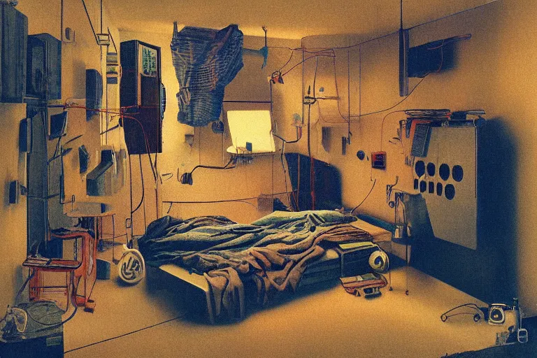 Image similar to IKEA catalogue photo, cyberpunk teenager bedroom, robots, by Beksiński