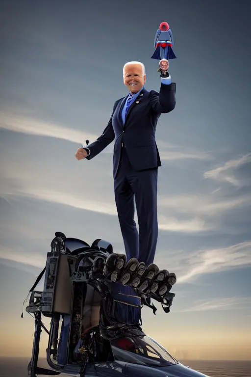Image similar to joe biden flying with jet pack, hdr, d n d, photorealistic, cinematic, smooth, 4 k, aesthetic lighting, baroque object, sharp focus, hyperdetailed, featured face details, tumblr trending, with small object details, winning pullitzer award photo by : canon eos 5 d mark iv, by karah mew and adnan abidi and jodie bateman