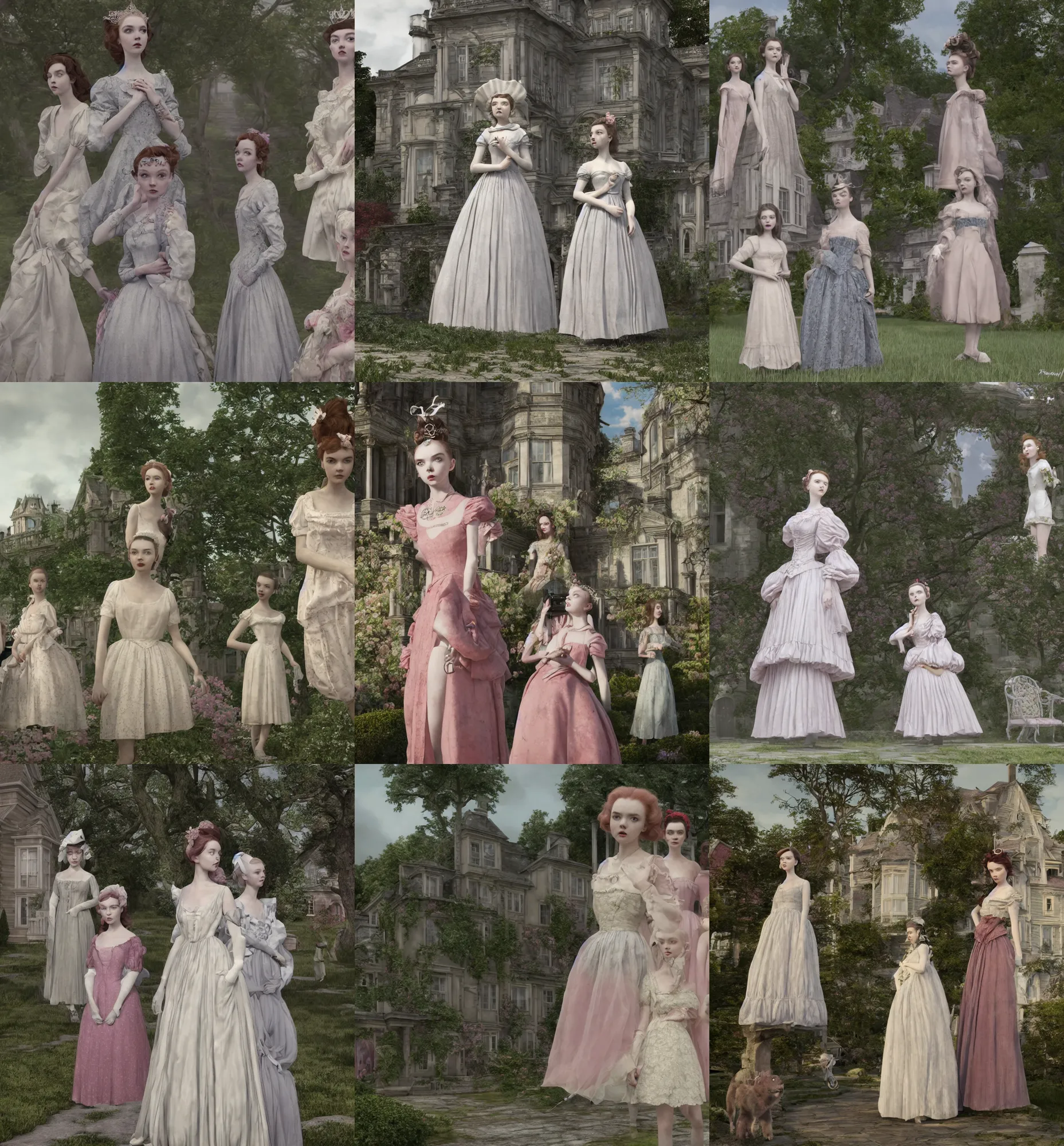 Prompt: a mix of lily cole, anya taylor - joy and audry hepburn, tiara, standing proud outside their 1 8 th century manor, hyper - realism photo - realism, 8 k, hdr, unreal engine 5, octane render, photorealistic, extremely detailed, intricate, in the style of mark ryden, lostfish, earl nore, hyung tae, frank frazetta