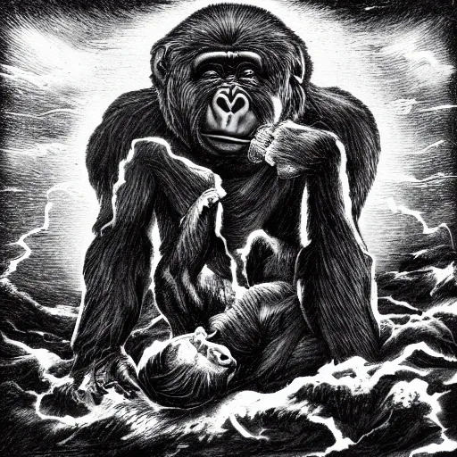 Image similar to gorilla falling from heaven, in the style of deathspell omega's fas album cover