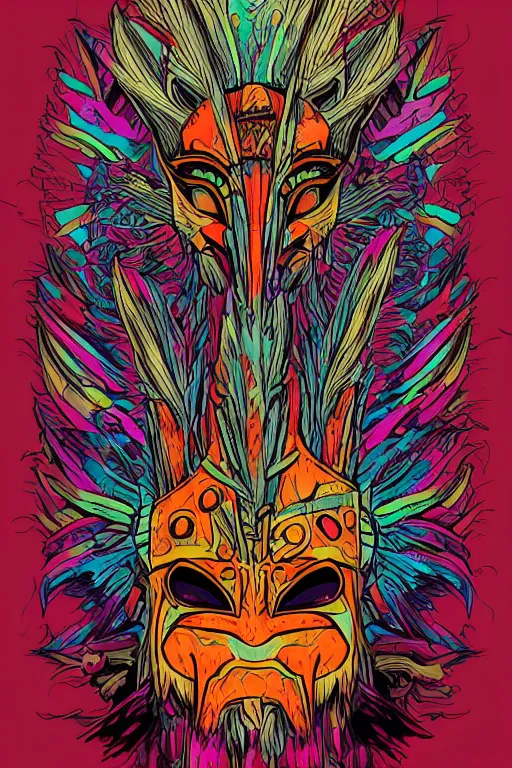 Image similar to animal mask totem roots flower tribal feather gemstone plant wood rock shaman vodoo video game vector cutout illustration vivid multicolor borderlands comics by josan gonzales and dan mumford radiating a glowing aura