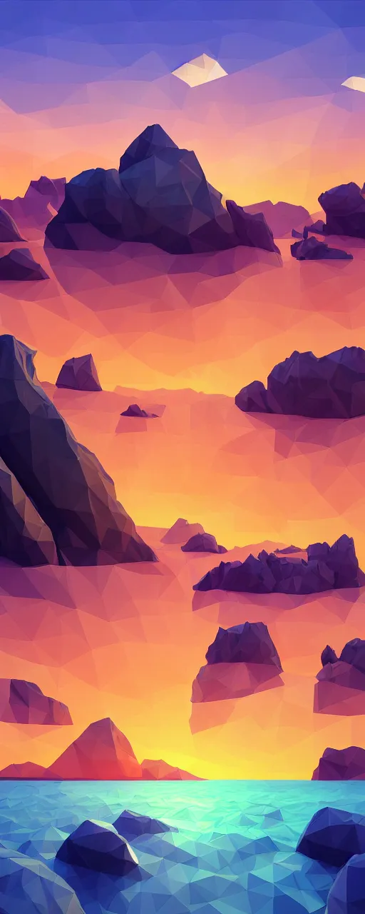 Image similar to super detailed color lowpoly art, northern sunset with rocks on front, monochrome photorealistic bay in the middle of perspective and mountains at background, big graphic vessel in the middle of composition, unreal engine, high contrast color palette, 3 d render, lowpoly, colorful, digital art, perspective, full volume composition, robb cobb, robert mccall, syd mead