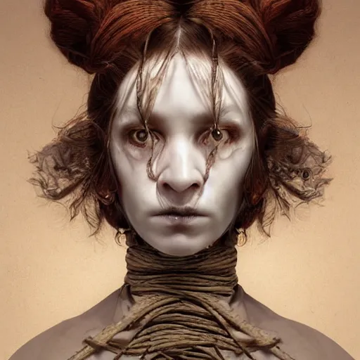 Image similar to portrait of a Shibari rope wrapped face and neck, headshot, insanely nice professional hair style, dramatic hair color, digital painting, of a old 17th century, old cyborg merchant, amber jewels, baroque, ornate clothing, scifi, realistic, hyperdetailed, chiaroscuro, concept art, art by Franz Hals and Jon Foster and Ayami Kojima and Amano and Karol Bak,