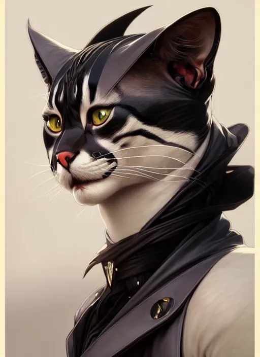 Image similar to tomcat with tuxedo markings, fantasy, intricate, elegant, hyper detailed, ultra definition, photoreal, artstation, unreal engine rendered, concept art, smooth, sharp focus, illustration, art by artgerm and greg rutkowski and alphonse mucha and garis edelweiss