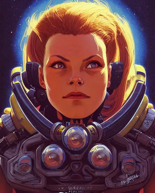 Image similar to brigitte from overwatch, character portrait, portrait, close up, concept art, intricate details, highly detailed, vintage sci - fi poster, retro future, in the style of chris foss, rodger dean, moebius, michael whelan, and gustave dore