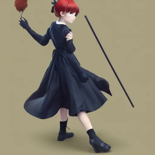 Prompt: Kiki from Kikis delivery service, full body, realistic style at CGSociety by WLOP,ilya kuvshinov,krenz cushart,Greg Rutkowski,trending on artstation.Zbrush sculpt colored,Octane render in Maya,Houdini VFX.Realistic sci-fi dystopia heroine,fully clothed,expressing joy,silky hair, deep eyes.Oil painting.Cinematic dramatic atmosphere,sharp focus,soft volumetric studio lighting.