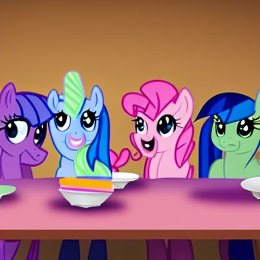 Prompt: Ponies from My Little Pony sitting at a table