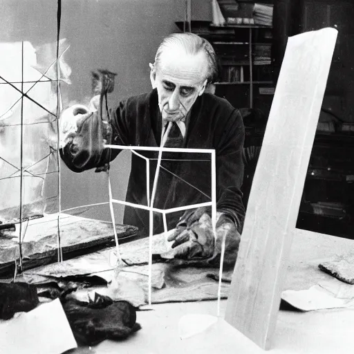 Image similar to a long exposure shot of Marcel Duchamp working on a readymade object, archival pigment print