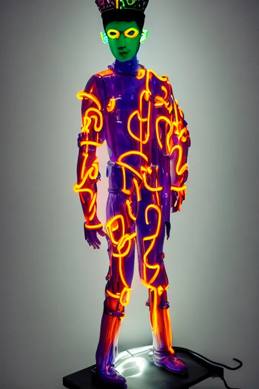 Image similar to full-body neon bladerunner porcelain baroque greek style sculpture of a young prince Zayn Malik as a high-fashion half-robot wearing retro shades with a porcelain body with an opening exposing a battery leaking radioactive liquid, electric sparks, glowing violet laser beam eyes, crown of giant rubies, flowing pink and orange neon-colored silk, luminescent fabrics, mechanical raptors. baroque and steampunk elements. full-length view. baroque element. intricate artwork by caravaggio. Very very very very highly detailed epic photo of face. Trending on artstation, octane render, cinematic lighting from the right, hyper realism, octane render, 8k, depth of field, 3D