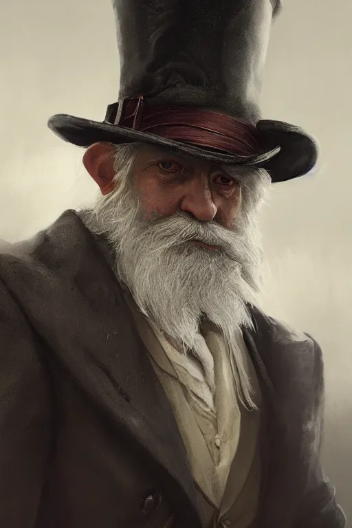 Prompt: A fancy portrait of a grey hair old halfling with stubble top hat and suit by Greg Rutkowski, Sung Choi, Mitchell Mohrhauser, Maciej Kuciara, Johnson Ting, Maxim Verehin, Peter Konig, Bloodborne, 8k photorealistic, cinematic lighting, HD, high details, dramatic, dark atmosphere, trending on artstation