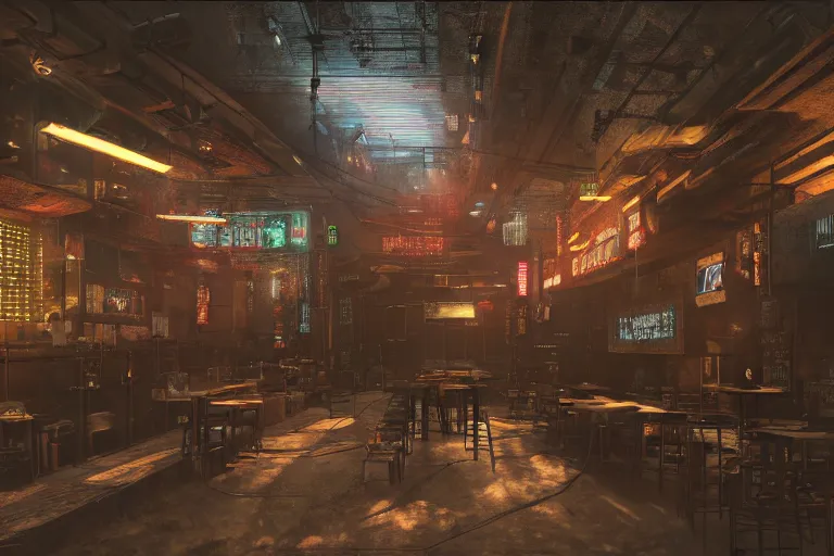 Prompt: ultra mega super hyper realistic Digital concept interior design of cyberpunk tavern with stone walls and neon lights, a lot of electronics, many details in style of Hiromasa Ogura. Natural white sunlight from the transperient roof. Rendered in VRAY and DaVinci Resolve and MAXWELL and LUMION 3D, Volumetric natural light