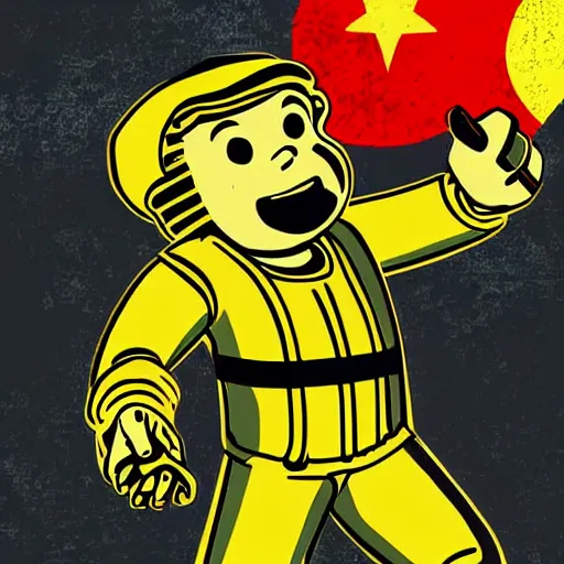 Image similar to digital art cold war poster of vault boy from fallout 3 game,