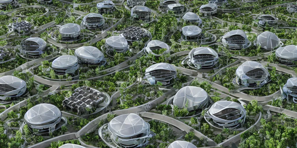 Image similar to futuristic eco-village with high diversified houses, solarpanels and integrated in nature, opposite of urban sprawl, forte gimenes marcondes ferryz arquitetos detailed, octane render, photo realism, 3D, ray tracing, photo realism