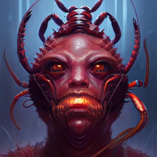 Image similar to professional ominous concept art portrait of a lobster - human chimera character by artgerm and greg rutkowski. an intricate, elegant, highly detailed digital painting, concept art, smooth, sharp focus, illustration, in the style of simon stalenhag, wayne barlowe, and igor kieryluk.