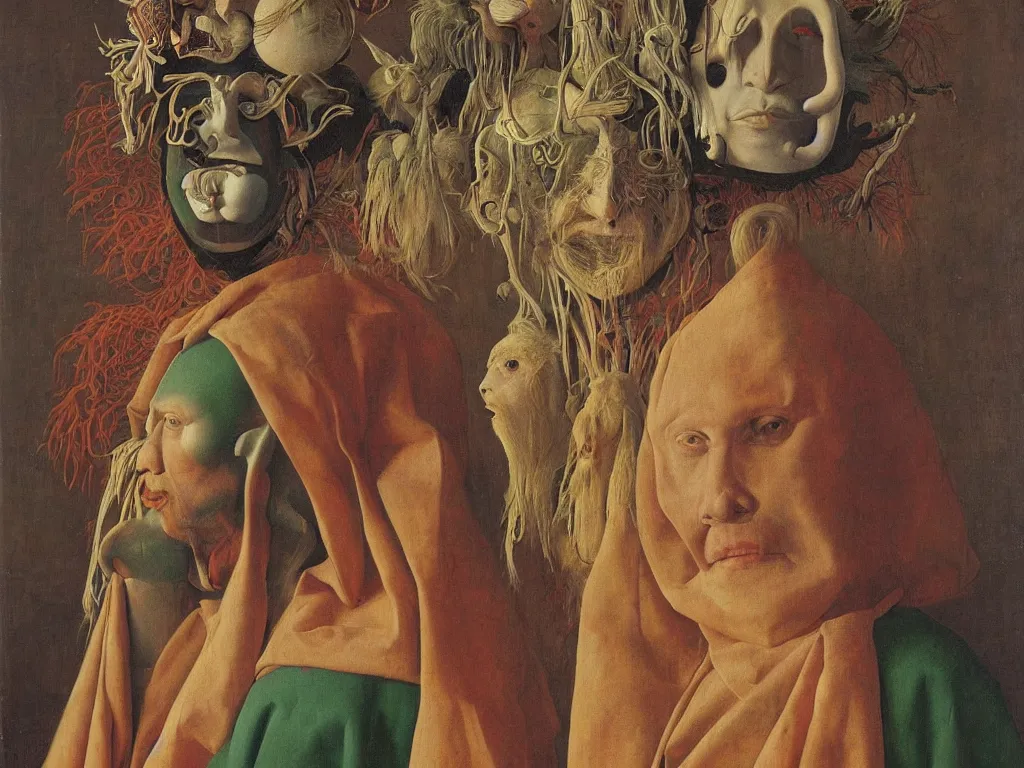 Image similar to portrait of albino mystic, with beautiful exotic, archaic, prehistoric, Aboriginal mask. Painting by Jan van Eyck, Audubon, Rene Magritte, Agnes Pelton, Max Ernst, Walton Ford