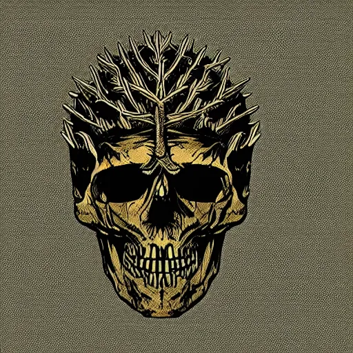 Image similar to dark death metal themed vector illustration for a record label, trees. forest, spikes, skull, microphone, skull, award winning, grunge, iconic, golden ratio