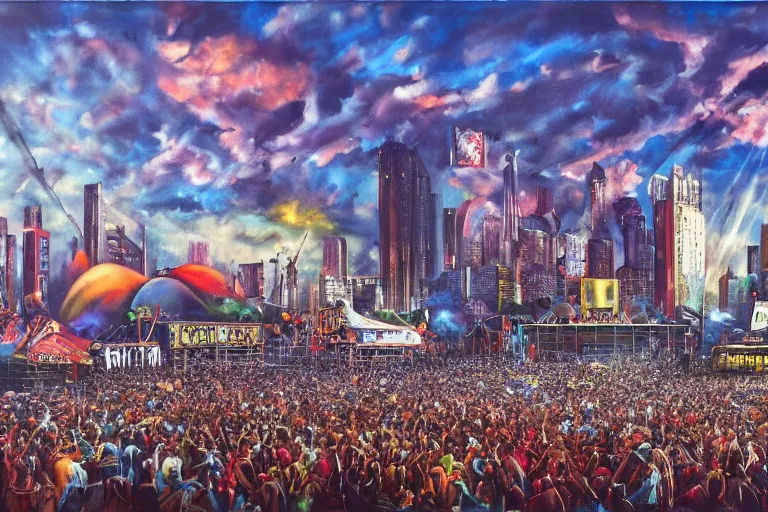 Image similar to 4 k hyper realistic oil painting of 1 9 8 0 s city at a music festival, huge stage and a big speaker array in the sky booming heavy metal music, a band of heavy metal playing on stage, detailed painting in the style of axel aabrink