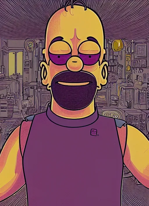 Image similar to a beautiful ultra detailed line art illustration of homer simpson, centered, by dan mumford and moebius and beeple, trending on artstation, pastel color, dim dusk lighting, cinematic lighting, detailed lighting, volumetric lighting, realistic, f 8, 4 k hd wallpaper, poster, yellow and purple color scheme