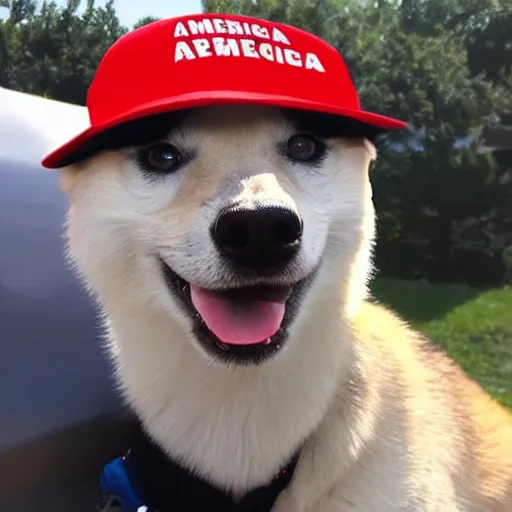 Prompt: doge wearing a make america great again cap, realistic,