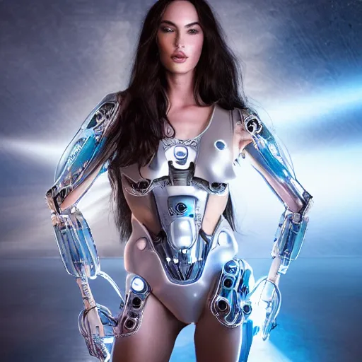 Image similar to beautiful Fine art photo portrait of enraptured young Megan Fox as a solarpunk robotic goddess, white mechanical parts with led lights, photorealistic, white background, highly detailed and intricate, sunset lighting, 8k