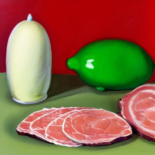 Prompt: a still life portrait of green eggs and ham, oil on canvas, highly detailed