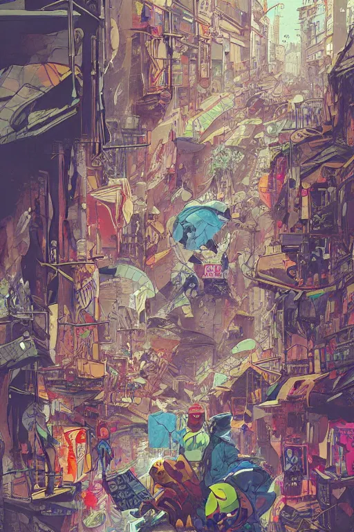 Prompt: people walking in a city covered with graffiti paint dripping down to the floor from the sky, professional illustration by james jean, painterly, yoshitaka Amano, hiroshi yoshida, moebius, loish, painterly, and artgerm, illustration