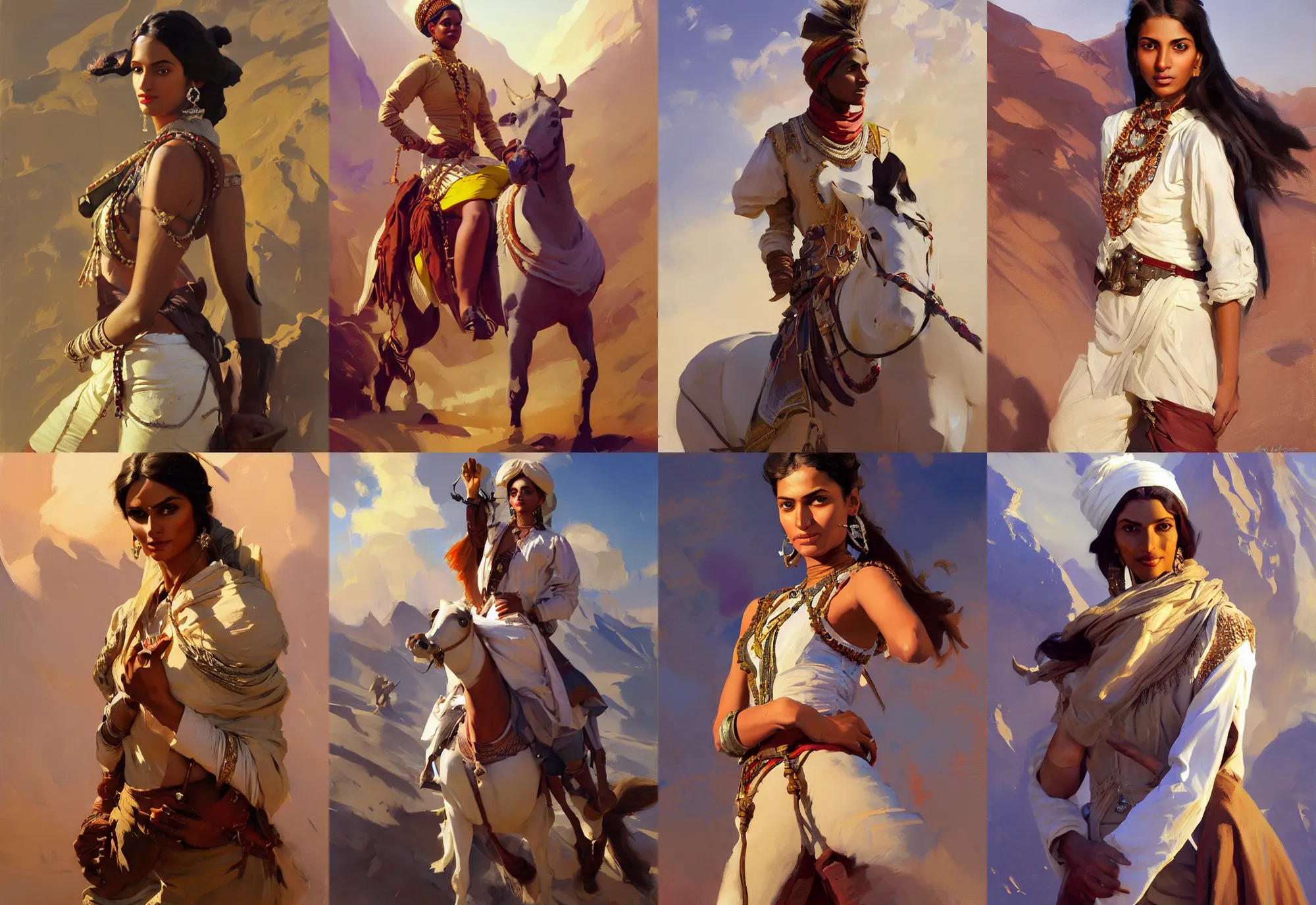 Prompt: portrait of indian arabian namibian model girl jodhpurs hyperborea winter traveler treasure hunter greg manchess painting by sargent and leyendecker, fantasy, medium shot, asymmetrical, intricate, elegant, matte painting, illustration, hearthstone, by rhads, by greg rutkowski, by greg tocchini, by james gilleard, by joe fenton