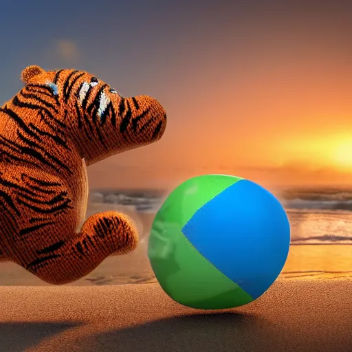 Image similar to a closeup photorealistic photograph of a cute smiling knitted tiger hippopotamus chasing a beachball at sunset. surf in the background. professional capture. this 4 k hd image is trending on artstation, featured on behance, well - rendered, extra crisp, features intricate detail, epic composition and the style of unreal engine.