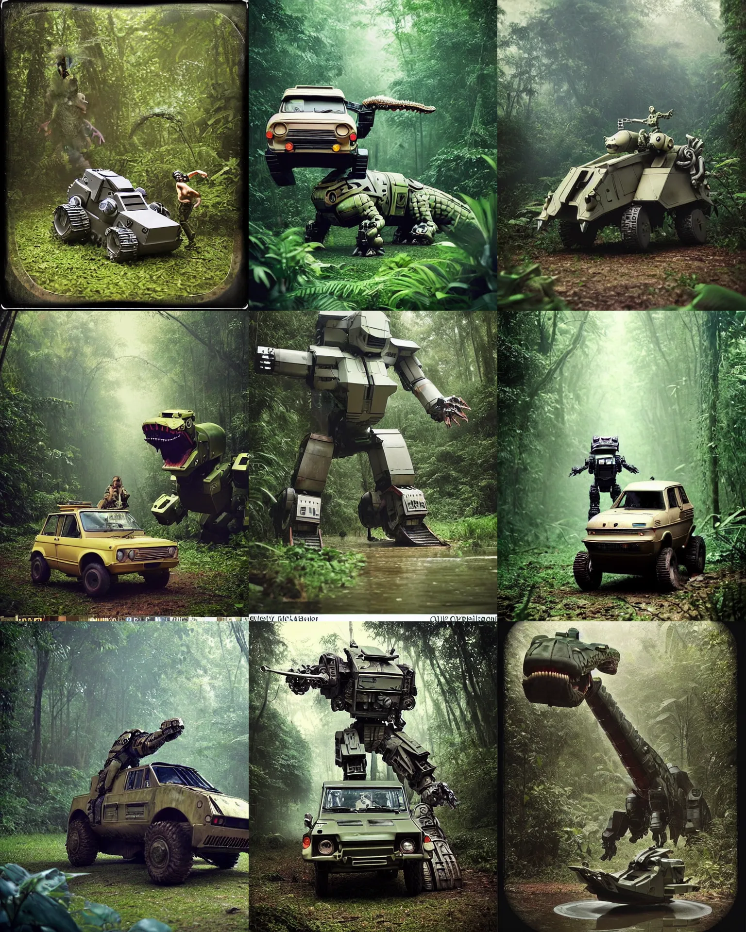 Prompt: epic chase!!!giant oversized battle alligator robot chubby fat mech with big jaw as battle mecha alligator robot weapon fiat 126p , in jungle forest !!! , full body , Cinematic focus, Polaroid photo, vintage , neutral dull colors, foggy mist ,by oleg oprisco , by victor enrich , by gregory crewdson , by discovery channel