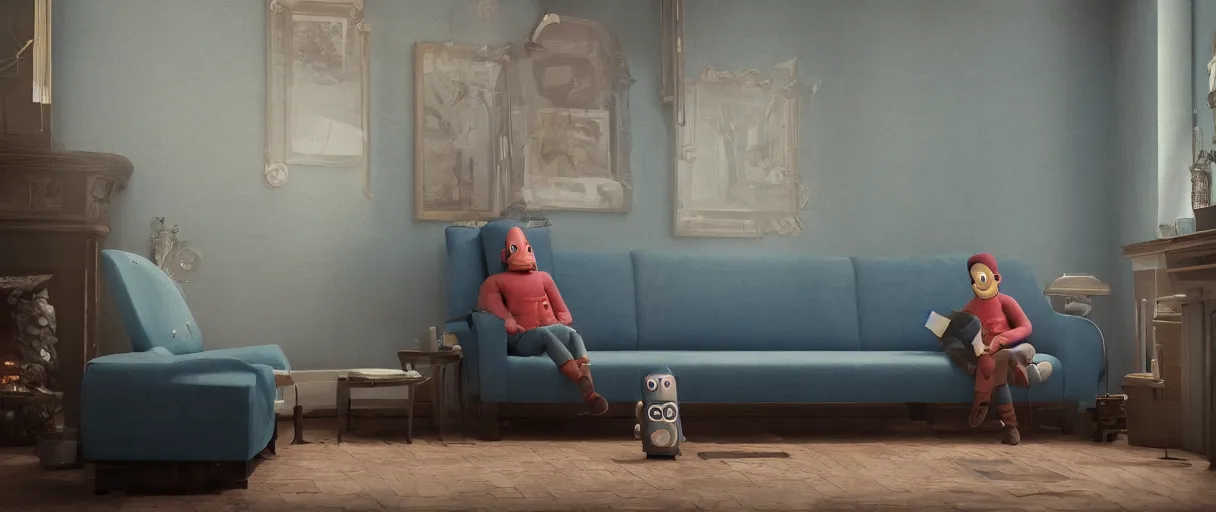 Image similar to Lonely and depressed robot sitting on a couch in front of a large fireplace in a Victorian home in the future. octane render, extremely detailed, cold blue cinematic lighting, 8k, lens flare, cinematic movie photograph, closeup portrait, trending on artstation, cgsociety, award-winning art, by Simon Stalenhag.