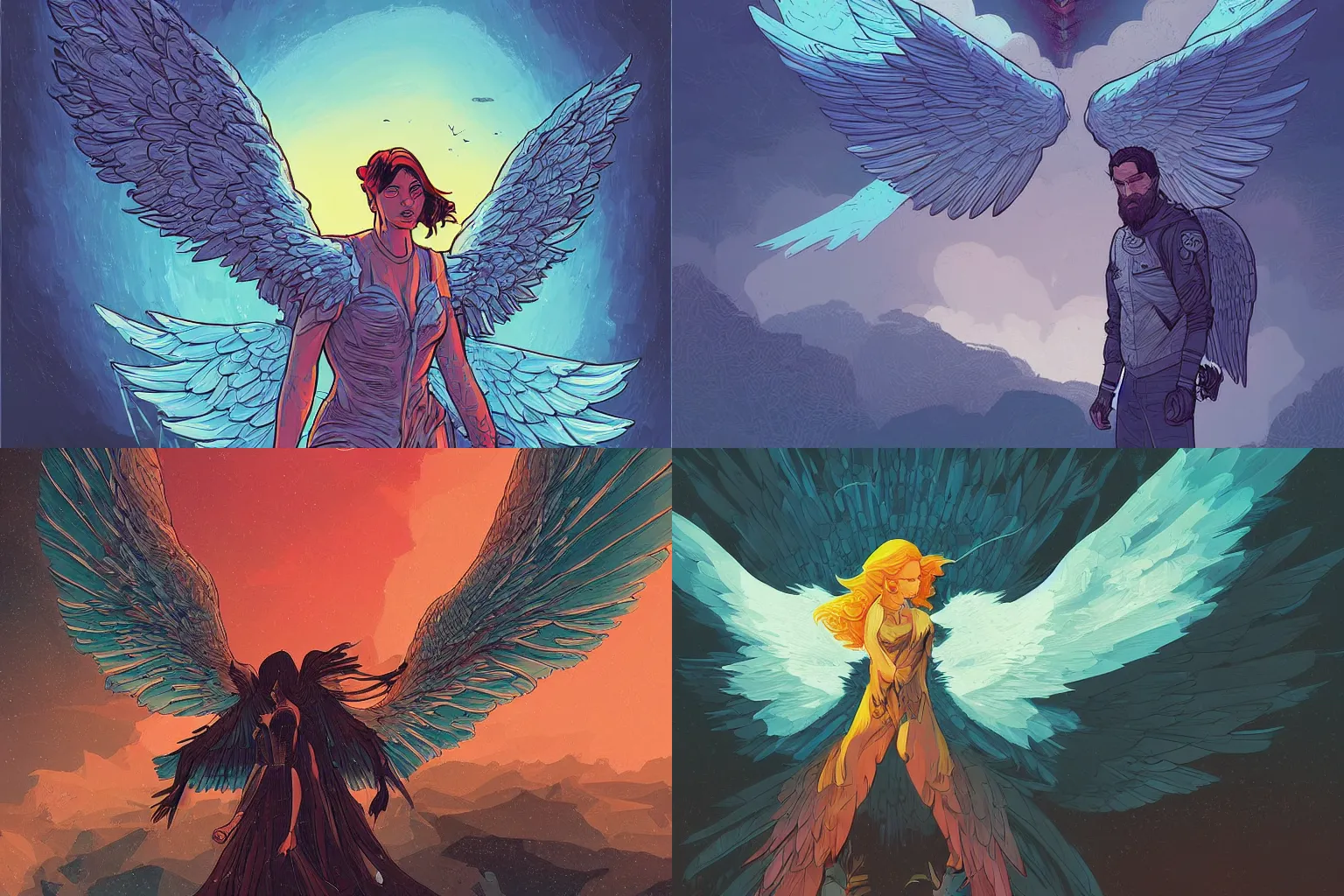 Prompt: digital art of an angel with epic wings in style of dan mumford and laurie greasley by james gilleard, very detailed, atmospheric, vivid