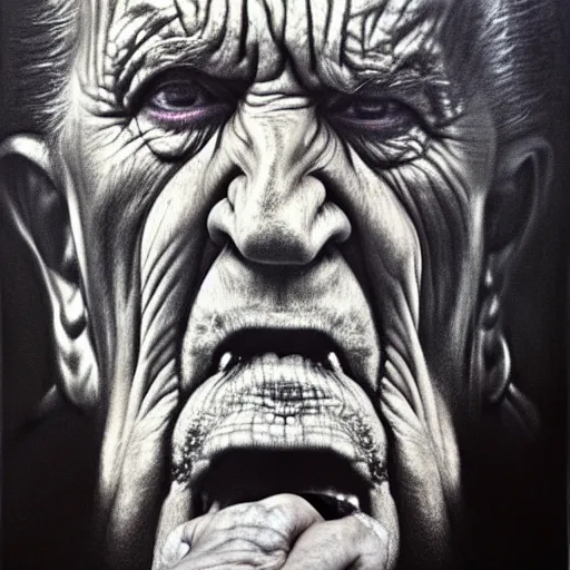 Prompt: painted closeup portrait of fierce sneering elder by chuck close, charcoal on canvas